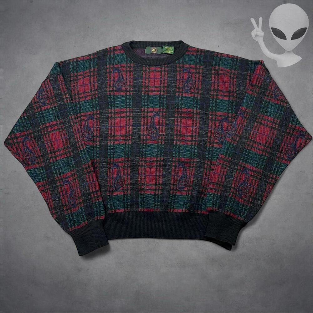 Vintage 90s Club Room Merino Wool Plaid Paisley Knit Sweater Mens XL Grandpa